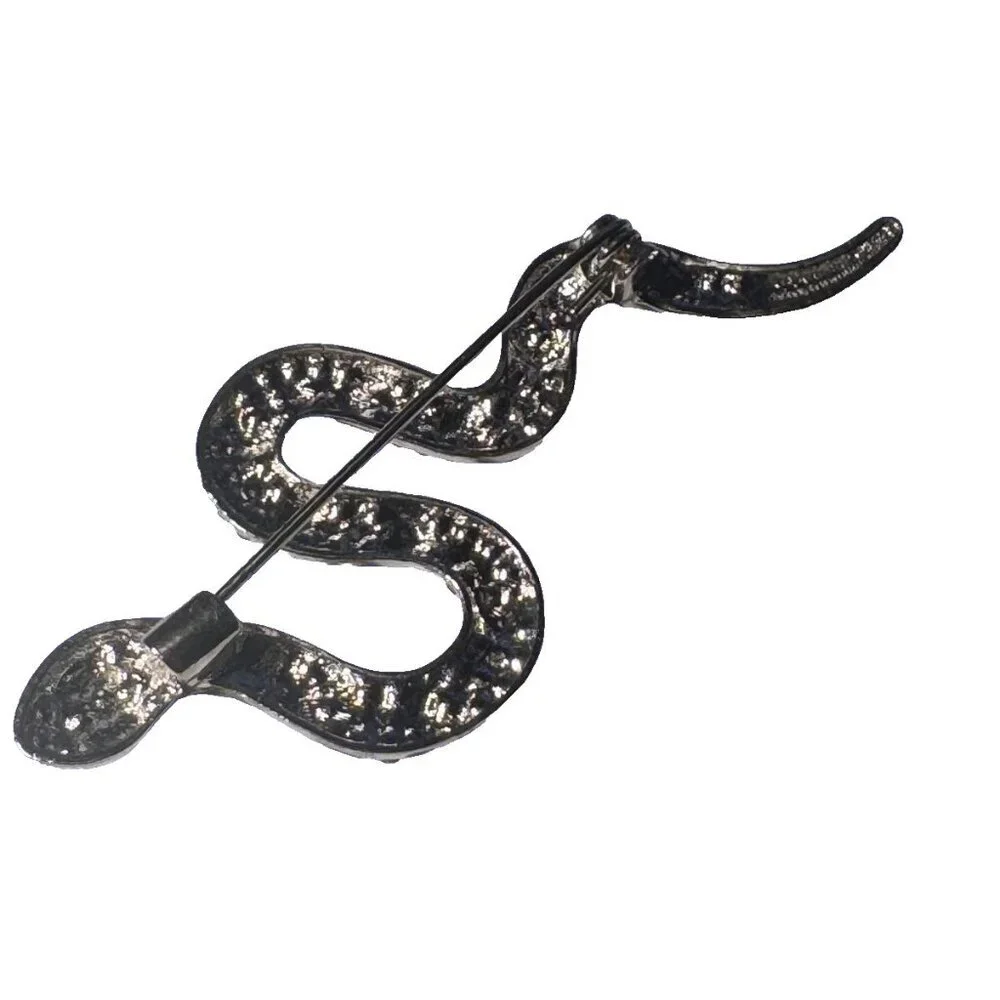 Vintage Silver Tone Clear Rhinestone Snake Brooch Pin Green Eyes NEW
